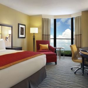 Beautiful king suite with TV, work desk and a lovely view at Hilton Rosemont/Chicago O'Hare.
