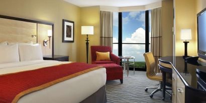 Beautiful king suite with TV, work desk and a lovely view at Hilton Rosemont/Chicago O'Hare.