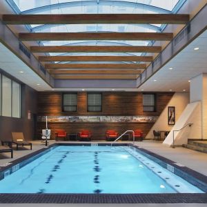 Bright-lit indoor pool at Palmer House A Hilton Hotel.