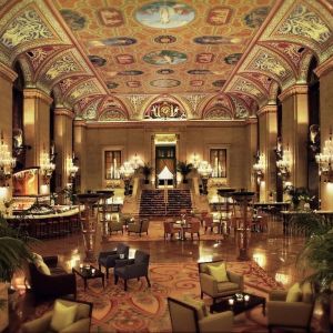 Romantic lobby and coworking lounge at Palmer House A Hilton Hotel.