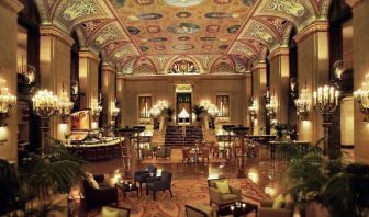 Romantic lobby and coworking lounge at Palmer House A Hilton Hotel.