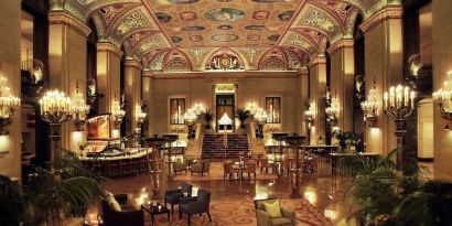 Romantic lobby and coworking lounge at Palmer House A Hilton Hotel.