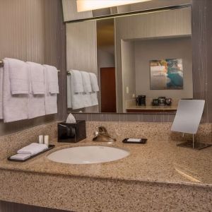 Private guest bathroom with free toiletries at Sonesta Select Arlington Rosslyn.