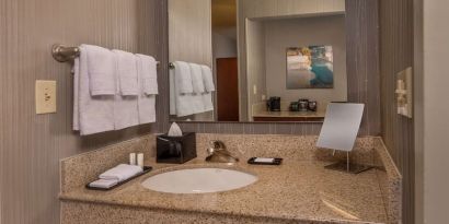 Private guest bathroom with free toiletries at Sonesta Select Arlington Rosslyn.