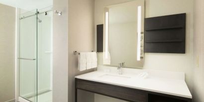 Guest bathroom with shower at Hilton Garden Inn Memphis Downtown.