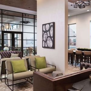 Lobby and coworking lounge at Hilton Garden Inn Memphis Downtown.