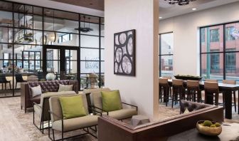 Lobby and coworking lounge at Hilton Garden Inn Memphis Downtown.