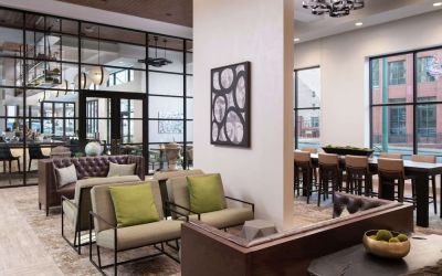 Lobby and coworking lounge at Hilton Garden Inn Memphis Downtown.