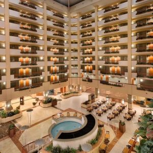 Expansive lobby and coworking lounge at Embassy Suites By Hilton Nashville South Cool Springs.