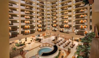 Expansive lobby and coworking lounge at Embassy Suites By Hilton Nashville South Cool Springs.