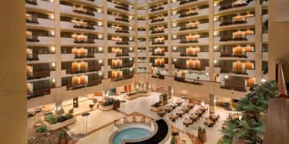 Expansive lobby and coworking lounge at Embassy Suites By Hilton Nashville South Cool Springs.
