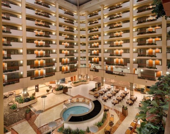 Expansive lobby and coworking lounge at Embassy Suites By Hilton Nashville South Cool Springs.