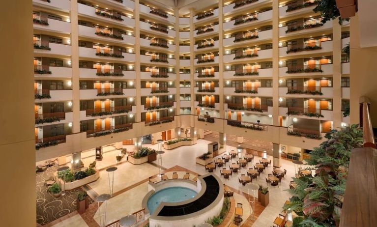 Expansive lobby and coworking lounge at Embassy Suites By Hilton Nashville South Cool Springs.