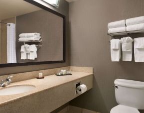 Guest bathroom with shower at Embassy Suites By Hilton Nashville South Cool Springs.