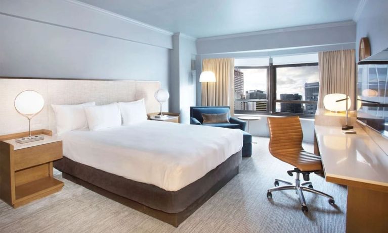 Day use room with work desk and natural light at New York Hilton Midtown.