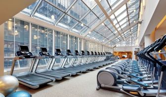Well-equipped fitness center with natural light at New York Hilton Midtown.