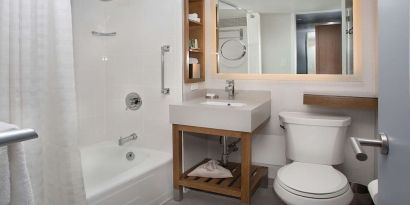 Guest bathroom with shower and tub at New York Hilton Midtown.