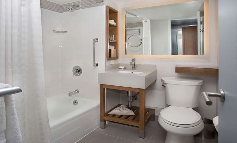 Guest bathroom with shower and tub at New York Hilton Midtown.