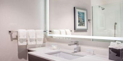 Guest bathroom with shower at Hilton Garden Inn NYC Financial Center/Manhattan Downtown.
