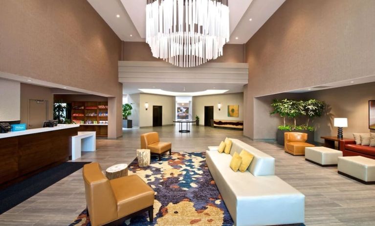 Lobby and coworking lounge at Embassy Suites By Hilton Seattle-North-Lynnwood.