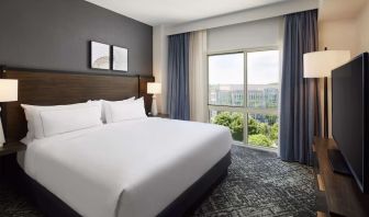 Comfortable king size bed with natural light at Hilton Charlotte Airport.
