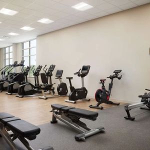 Fully-equipped fitness center at Hilton Charlotte Airport.
