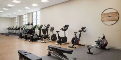 Fully-equipped fitness center at Hilton Charlotte Airport.
