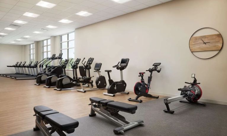 Fully-equipped fitness center at Hilton Charlotte Airport.
