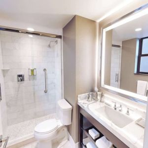 Guest bathroom with shower at Hilton Chicago.