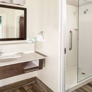 Guest bathroom with shower at Hampton Inn & Suites By Hilton Atlanta Perimeter Dunwoody.