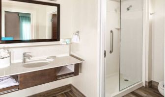 Guest bathroom with shower at Hampton Inn & Suites By Hilton Atlanta Perimeter Dunwoody.