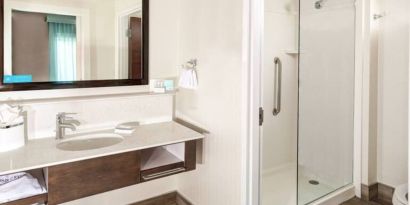 Guest bathroom with shower at Hampton Inn & Suites By Hilton Atlanta Perimeter Dunwoody.