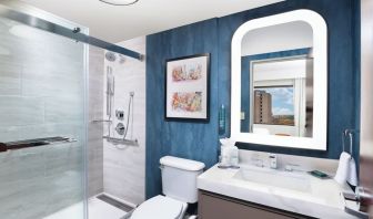 Guest bathroom with shower at Doubletree By Hilton Houston Medical Center Hotel & Suites.