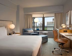 King room with work desk and sofa at New York Hilton Midtown.