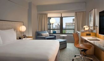 King room with work desk and sofa at New York Hilton Midtown.