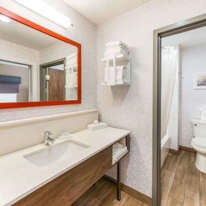 Private guest bathroom with shower and free toiletries at Hampton Inn & Suites Benton Harbor.