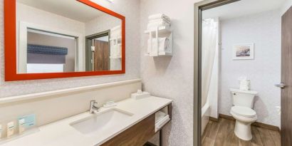 Private guest bathroom with shower and free toiletries at Hampton Inn & Suites Benton Harbor.