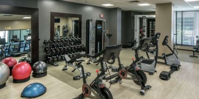 Fully equipped fitness center at Hilton Minneapolis.