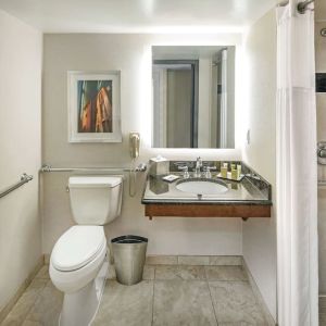 Private guest bathroom with shower and free toiletries at Hilton Minneapolis.