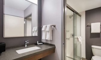 Private guest bathroom with shower and free toiletries at Sonesta Select San Jose Airport.
