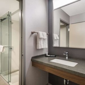 Private guest bathroom with shower at Sonesta Select San Jose Airport.