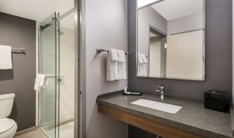 Private guest bathroom with shower at Sonesta Select San Jose Airport.