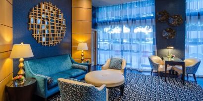 Lobby and coworking lounge at Beacon Hotel.