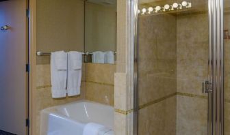 Guest bathroom with shower and tub at Beacon Hotel.