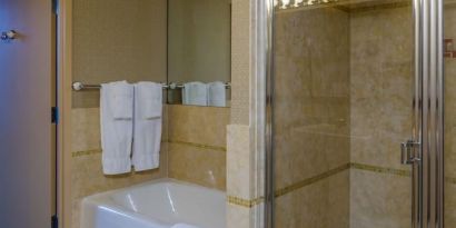 Guest bathroom with shower and tub at Beacon Hotel.