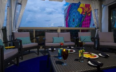 Furniture in rooftop perfect for coworking at Beacon Hotel.