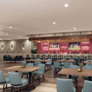 Hotel bar with lounge area at Sonesta Miami Airport.