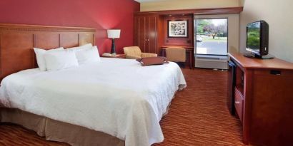 King room with TV screen, work desk and sofa at Hampton Inn Columbus-East.