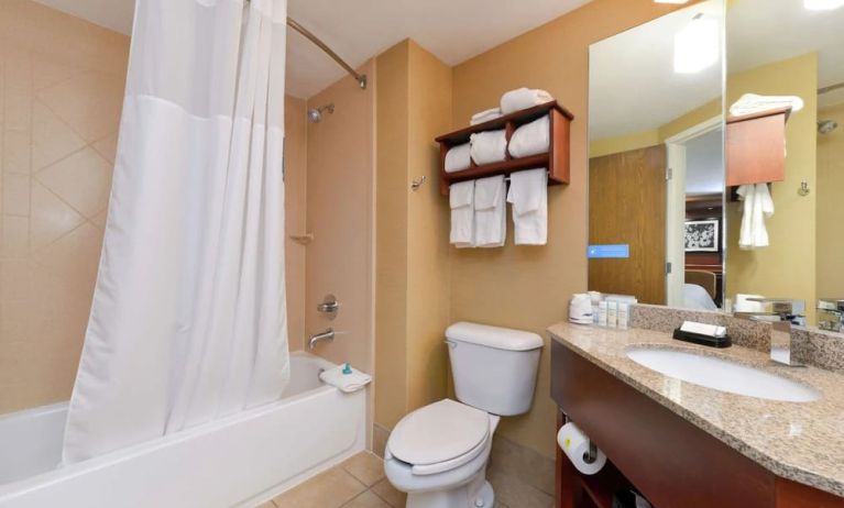 Private guest bathroom with combined shower and tub at Hampton Inn Columbus-East.