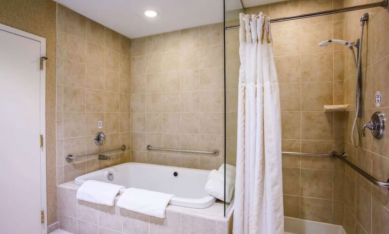 Private guest bathroom with tub and shower at Hilton Garden Inn Milwaukee Northwest Conference Center.